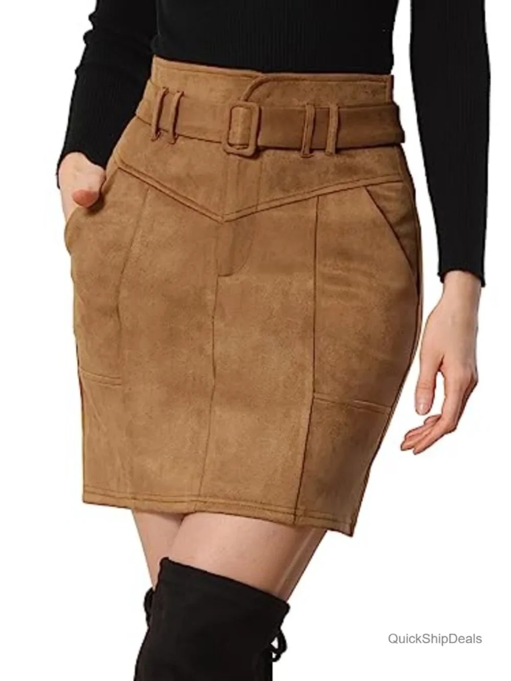Faux Suede High Waist Belted Bodycon Skirt with Pockets